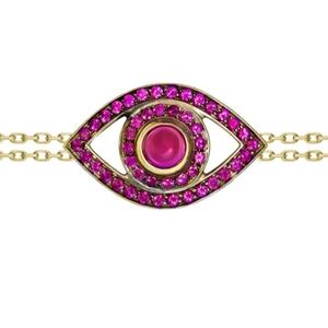 Genuine Ruby Evil Eye Double Chain Bracelet Gold over 925 sterling silver